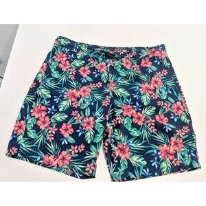 Lands' End Boys Floral Swim Trunks XL 14-16 Tropical Navy Draw String Pockets